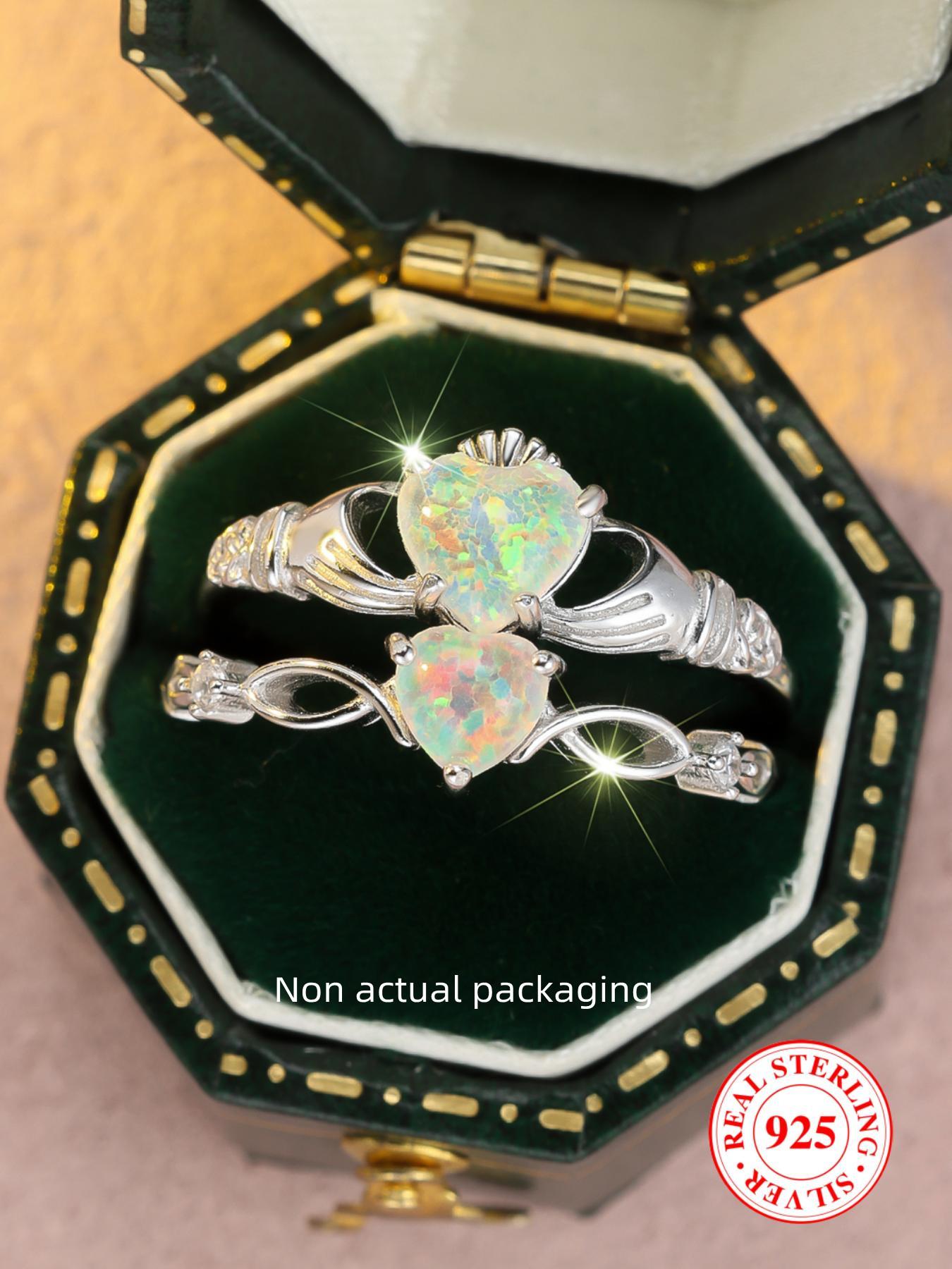 S925 Sterling Silver Fashion Colorful Heart Shaped Decor Ring, Promise Engagement Rings, Elegant Artificial Opal Decorated Ring for Women & Girls, Perfect Holiday Anniversary Birthday Gift, Valentine's Day Gift