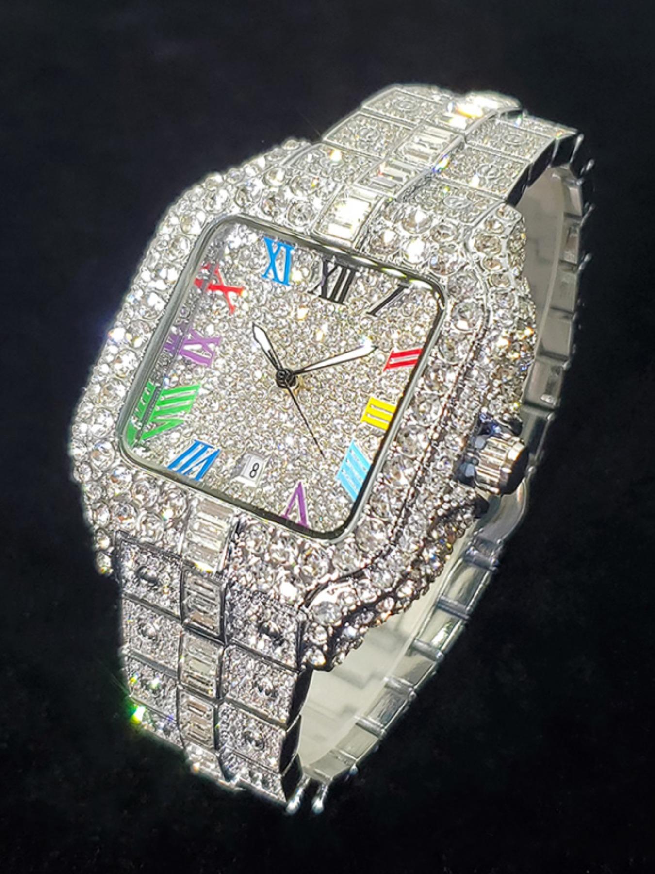 Men's Rhinestone Decorated Square Quartz Watch, Rhinestone Embellished Watch, for Men As Gift with Box, Square Dial, Stainless Steel Wristwatch