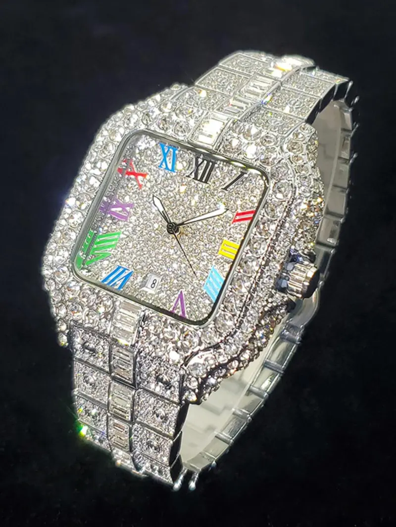 Men's Rhinestone Decorated Square Quartz Watch, Rhinestone Embellished Watch, for Men As Gift with Box, Square Dial, Stainless Steel Wristwatch, Rhinestone Watches Men's Rhinestone Decorated Square Quartz Watch, Rhinestone Embellished Watch, for Men As Gift with Box, Square Dial, Stainless Steel Wristwatch, Rhinestone Watches
