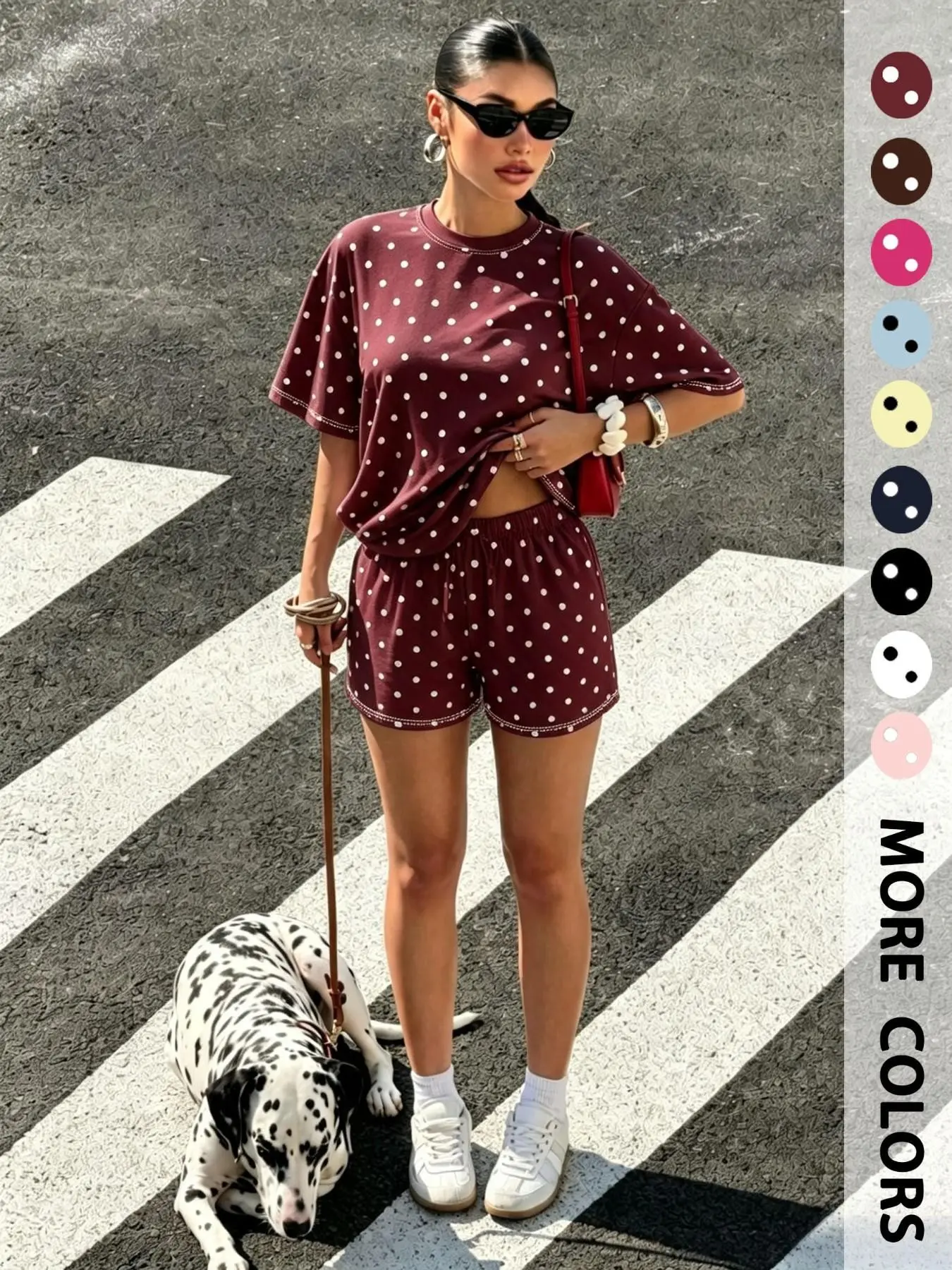 Casual Polka Dot Lounge Set, Loose-Fit Round Neck T-Shirt & Drawstring Shorts, Breathable Fabric, Multi-Color Options, Summer Wear