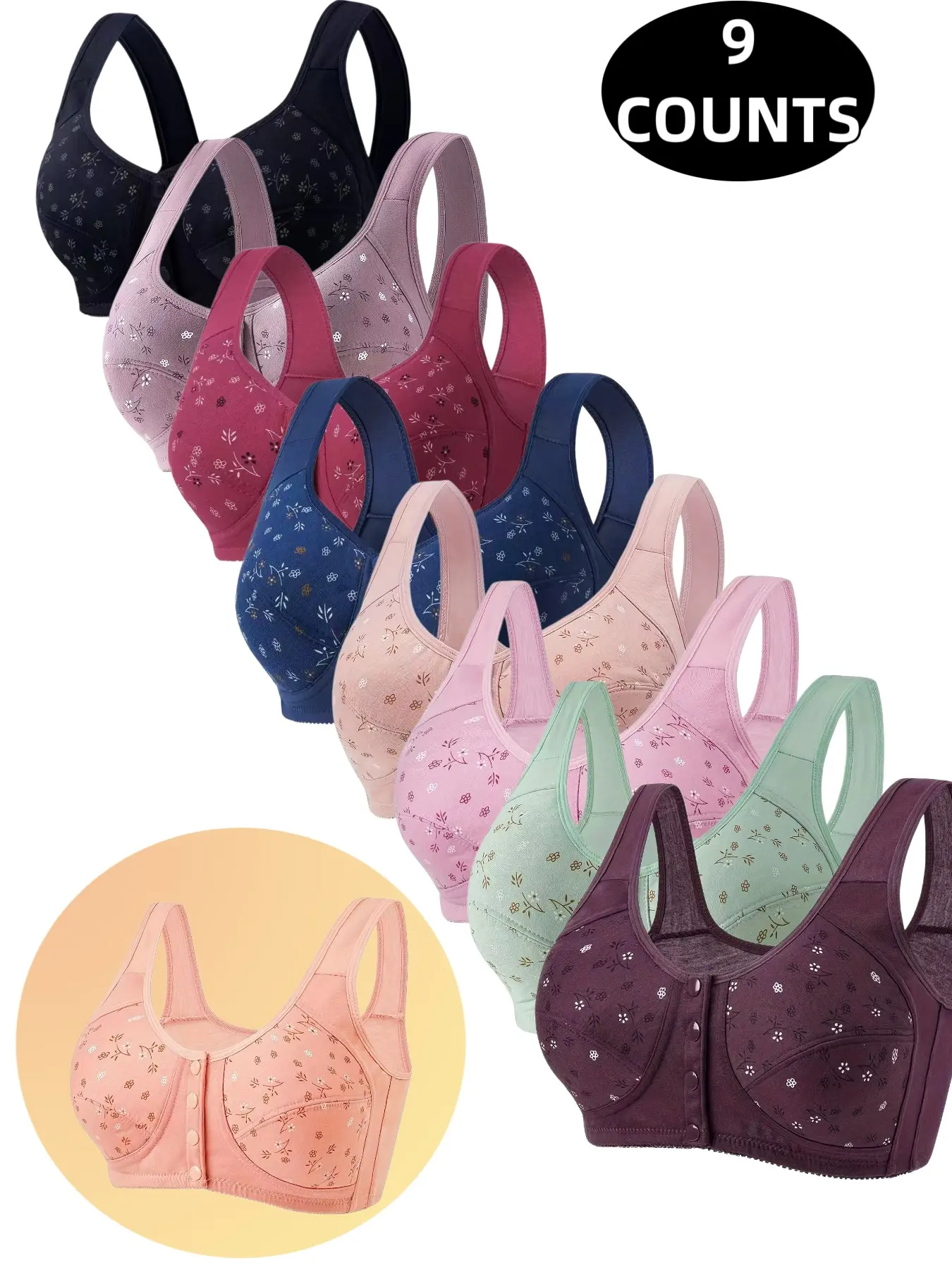 9-Pack Women's Wire-Free Front Buckle Bra, Seamless Comfort Fit, Daily Wear Underwire Free Bra, Breathable Soft Fabric, Full Day Support