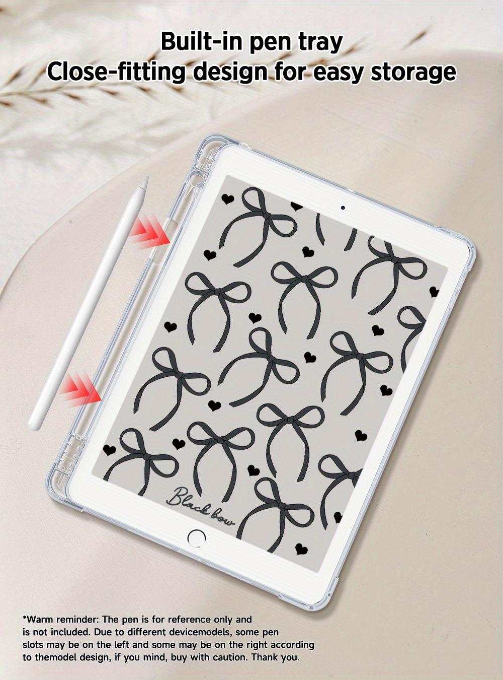 Bow & Heart Pattern Clear Tablet Case with Built-in Pencil Holder, Soft TPU, for iPad Air 4/5/6, iPad Pro 11 2024, iPad Mini 4/5/6/7, iPad 10th Gen, iPad 9/8/7 Series. Shockproof, Portable, One-Side Protection, Easy to Carry Outdoor.