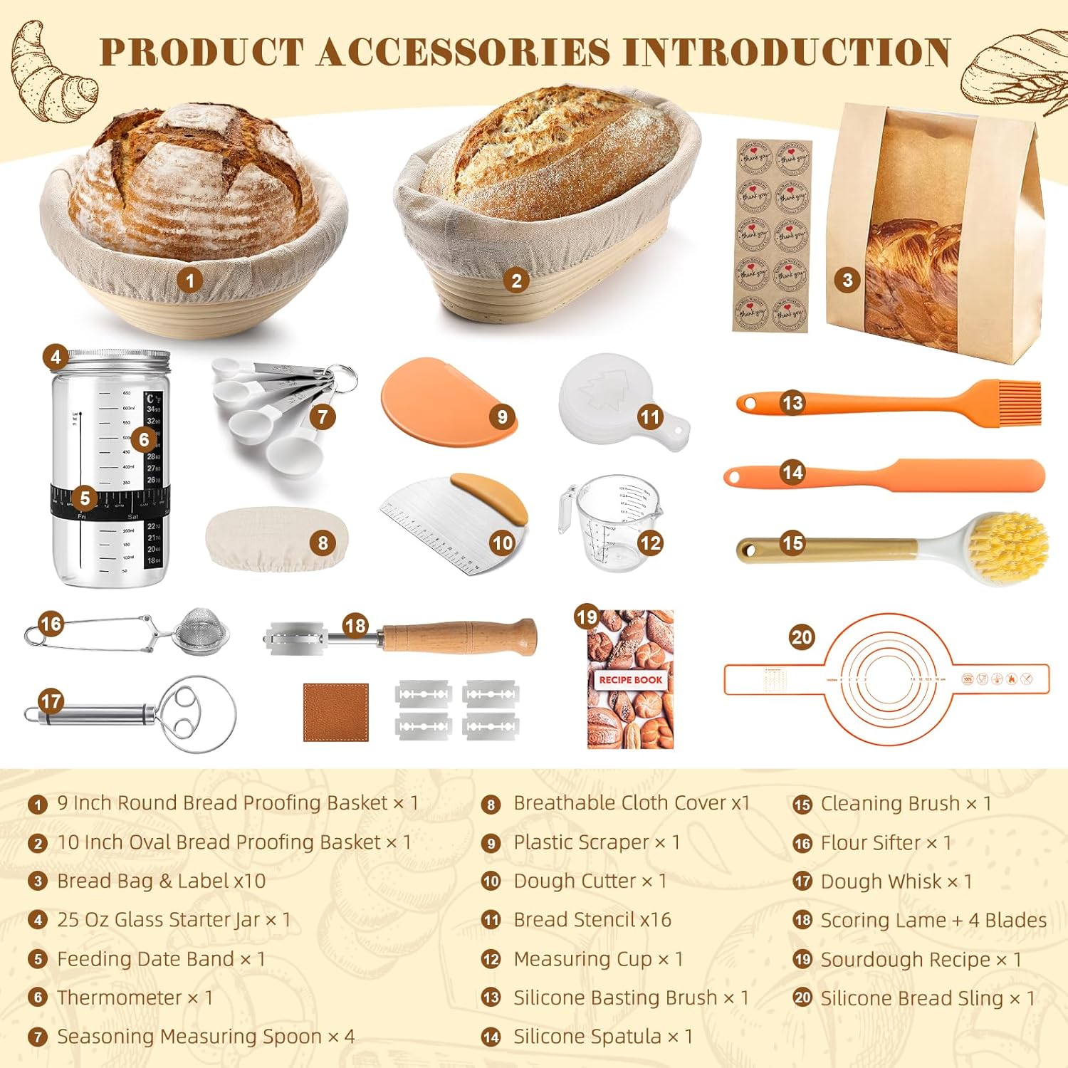 Sourdough Starter Kit, Bread Making Kit with Sourdough Starter Jar for Beginners, Banneton Bread Proofing Basket for and Kitchen, Sourdough Bread Baking Supplies, Bread Making Tools Kit Sourdough Starter Kit, Bread Making Kit with Sourdough Starter Jar for Beginners, Banneton Bread Proofing Basket for and Kitchen, Sourdough Bread Baking Supplies, Bread Making Tools Kit