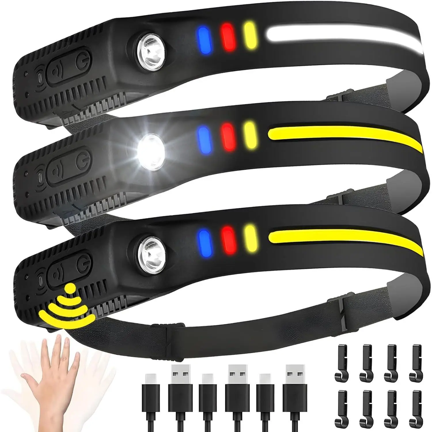 Lightweight Waterproof LED Headlamp - 230° Wide Beam Rechargeable Headlight with Motion Sensor Bright 5 Modes, Head Light Flashlight for Work, Hiking, Running, Camping