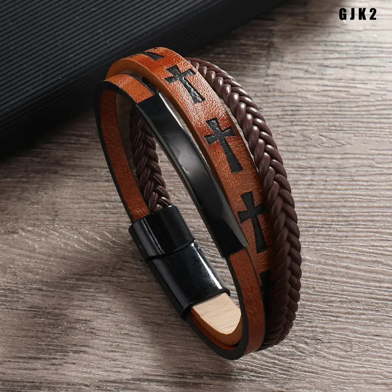 Multi Layer Braided Leather Cross Bracelet Set, Vintage Stackable PU Leather Wristband with Magnetic Clasp, Engraved Cross Pattern Wrap Bracelets, Retro Religious Jewelry Accessories for Daily Wear & Gift