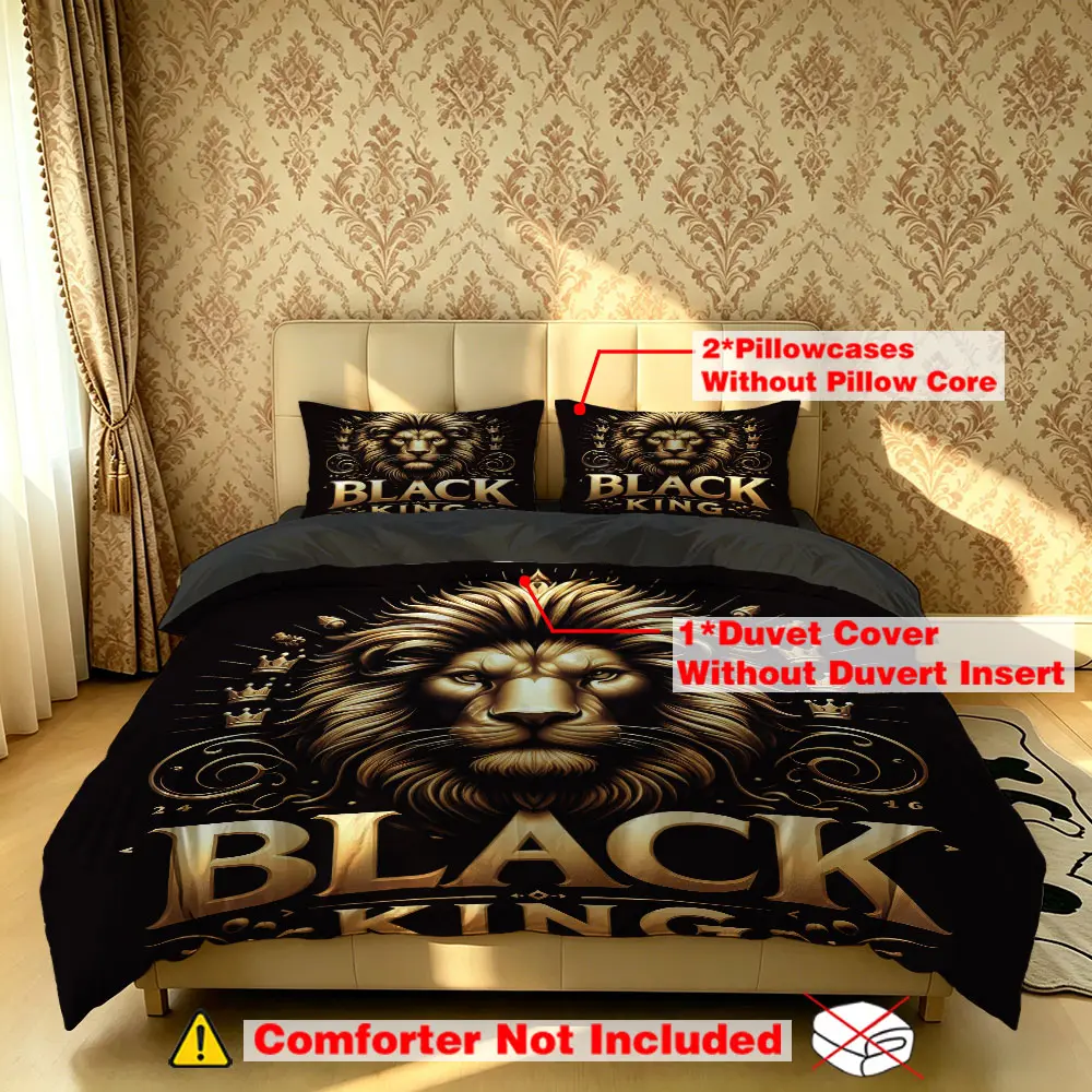The 3-piece lion "BLACK KING" theme bedding set includes one quilt cover and two pillowcases, without fillings. It's soft and comfortable, suitable for single beds and double beds, and ideal for use in bedrooms, dormitories, and hotels, Bed Sets