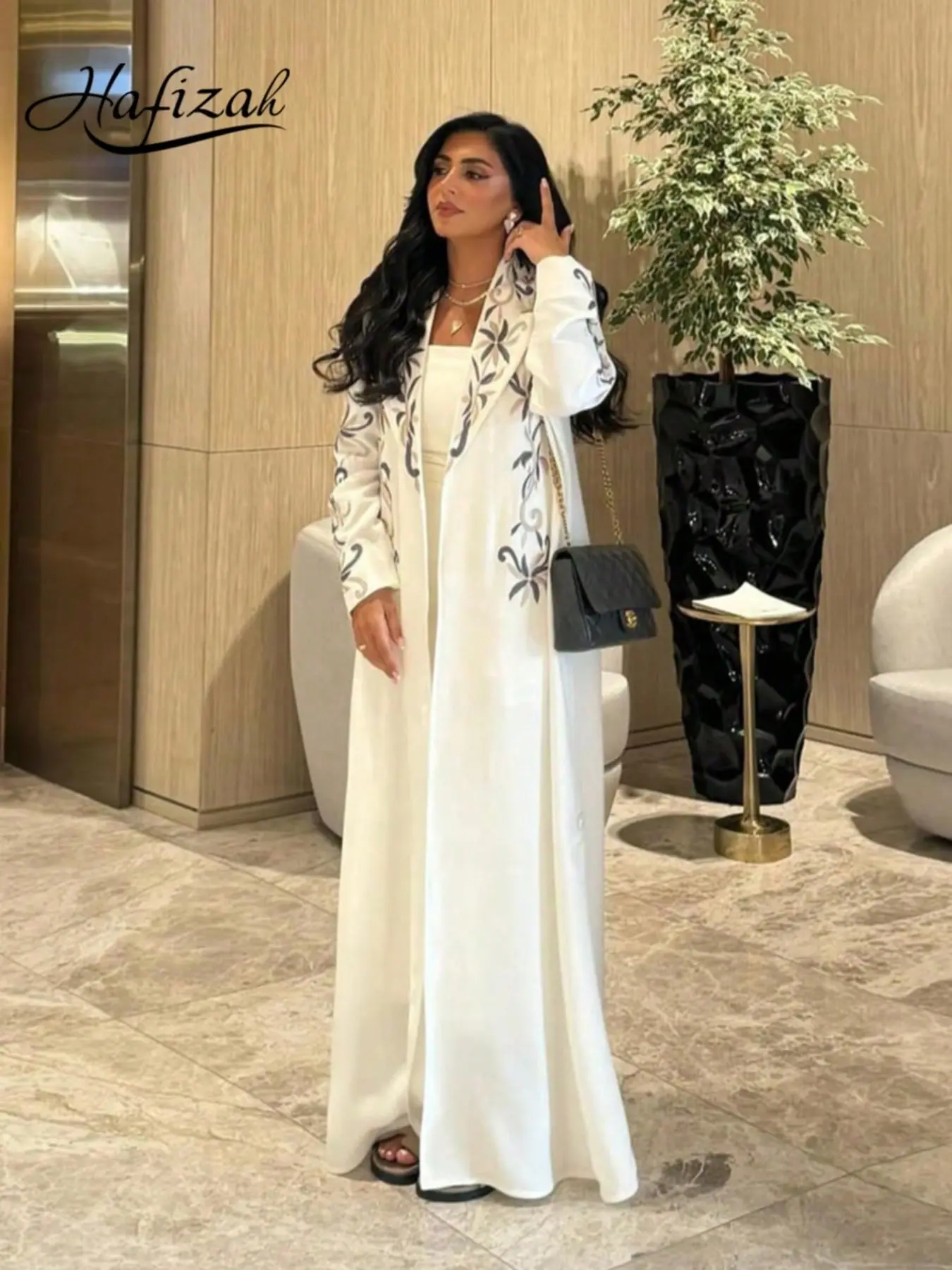 Hafizah Embroidered Vine Suit Long Cardigan, Soft Drape Women's Outerwear, Loose-Fitting Plain Design, All-Season Fashion