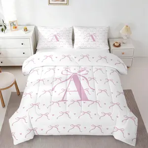 2/3Pcs Coquette Pink Bow Initial A-Z Comforter Set, Cute Heart Bow Print Quilt Bedding Set with Matching Pillowcase, Soft Lightweight Personalized Bed Set for Girls Teens Bedroom Dorm Aesthetic Home Decor