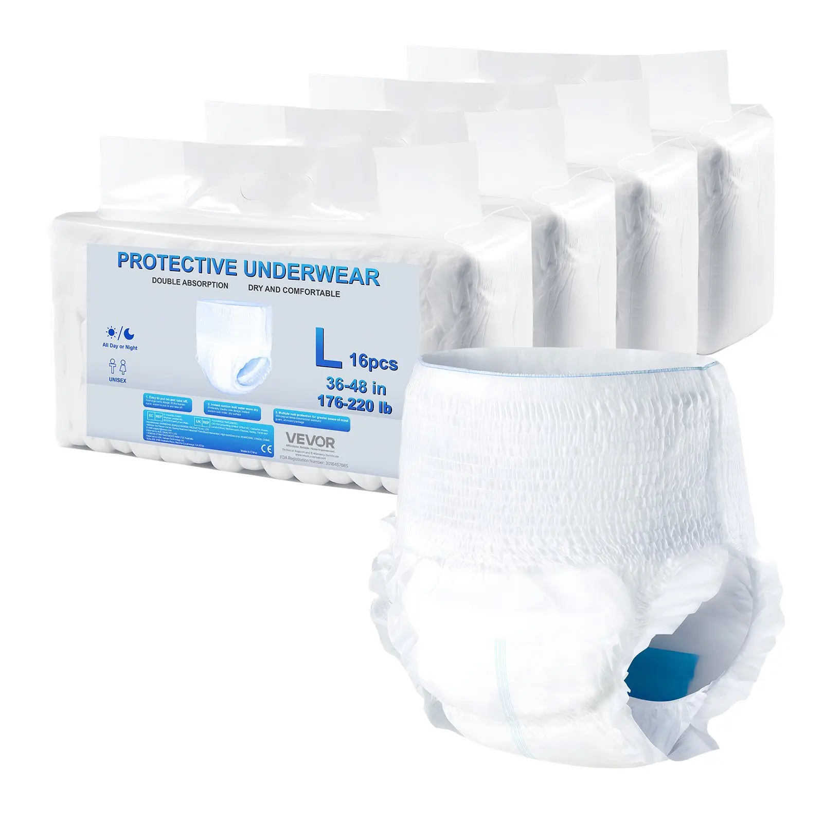 VEVOR Adult Incontinence Underwear, High Absorbent Protective Underwear for Men Women, Disposable Adult Pull-ups Diaper with Leakproof Leg Cuff Wetness Indicator - L Size, 64 Count (4 Packs of 16)