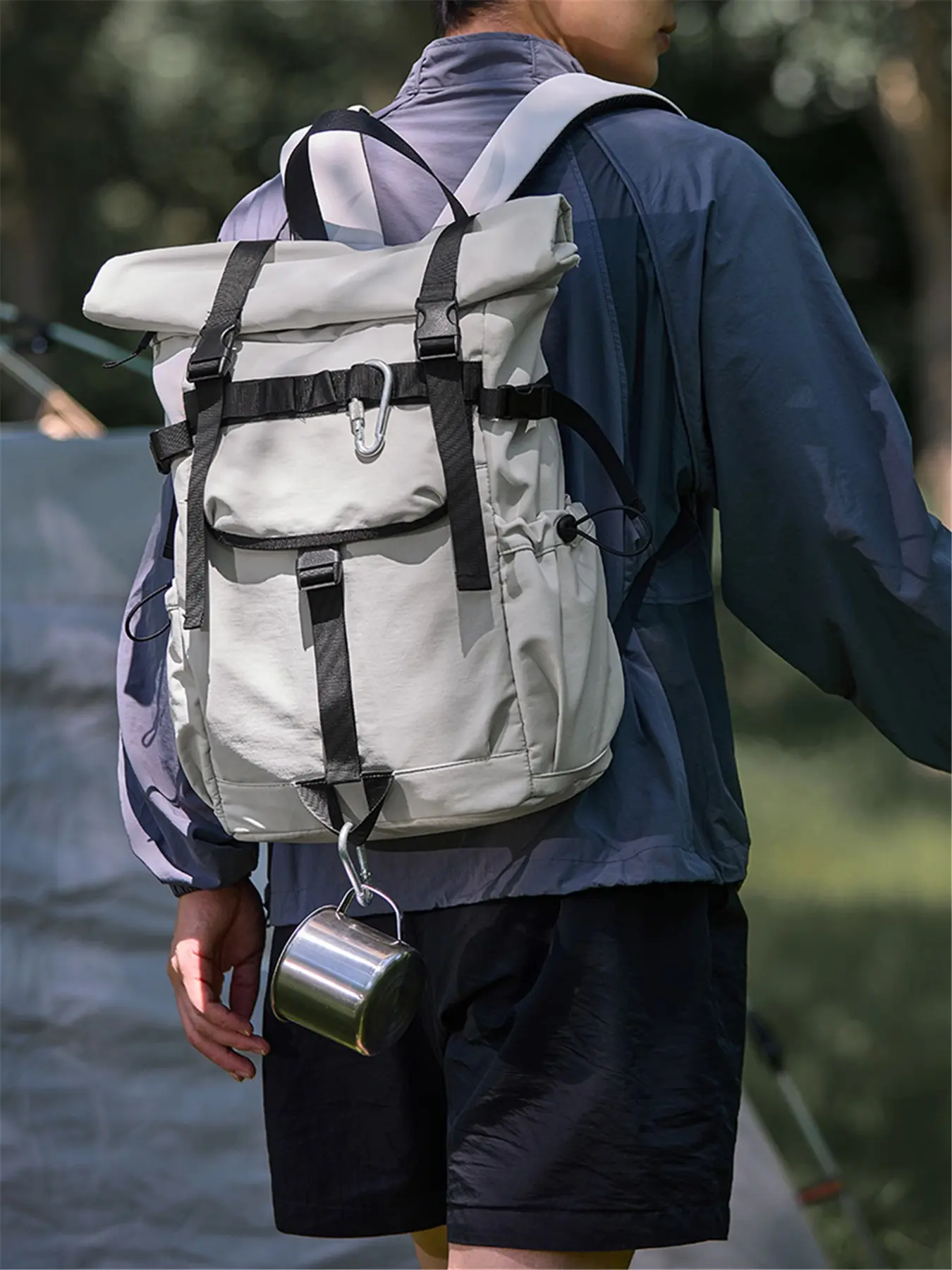 Neutral Roll-Top Backpack, Waterproof Durable, Extra Large Capacity, Adjustable Buckle, Multiple Pockets, Ideal for Hiking, School, Commute, Travel