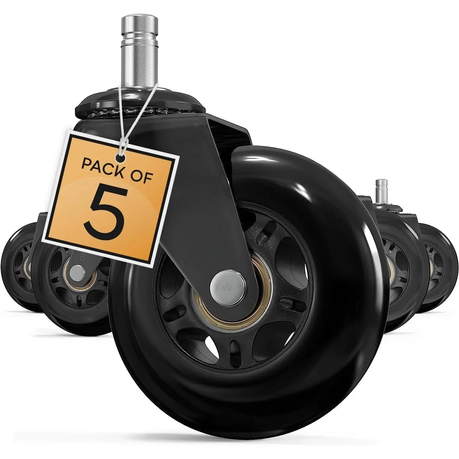 Polyurethane Swivel Chair Casters Set - 5 Silent Roll Rollerblade Wheels, 7/16''x7/8'' Size, Fits Desk & Gaming Chairs (Herman, Haworth), Hardwood Floor-Safe, 650 LBS Support, Easy Black Installation