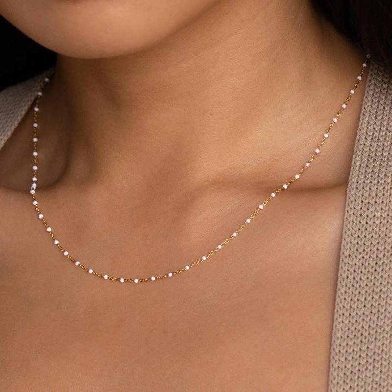 White Station Necklace by Caitlyn Minimalist - Dainty Beaded Layering Necklace in 18K Gold Finish & Sterling Silver - Minimalist Summer Jewelry - Mom Gift.