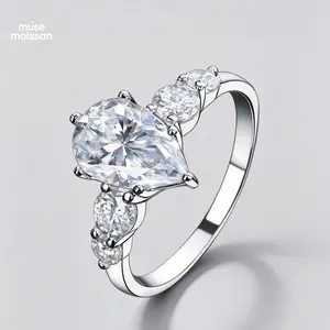 MUSE S925 Sterling Silver 3 Carat Pear Cut Moissanite Ring Luxury Teardrop Engagement Ring for Women