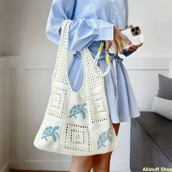 Fashion Women's Knitted Lightweight Handbag with Turtle Pattern, Hollow Crochet Beach Shopping Bag, Ideal for College Students Travel, Handcrafted Bag, Beach Tote Bag