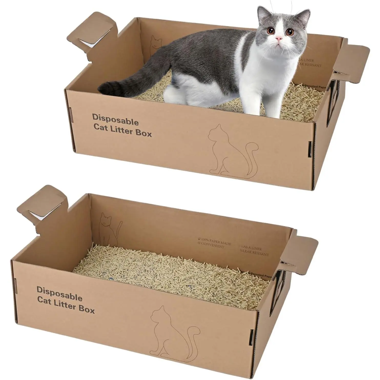 2 Pack Disposable Large Cardboard Cat Litter Box, 17.4" x 12.3" x5.4", Extra Thick Portable Foldable Travel Litter Box for Cats, Waterproof Leak Resistant