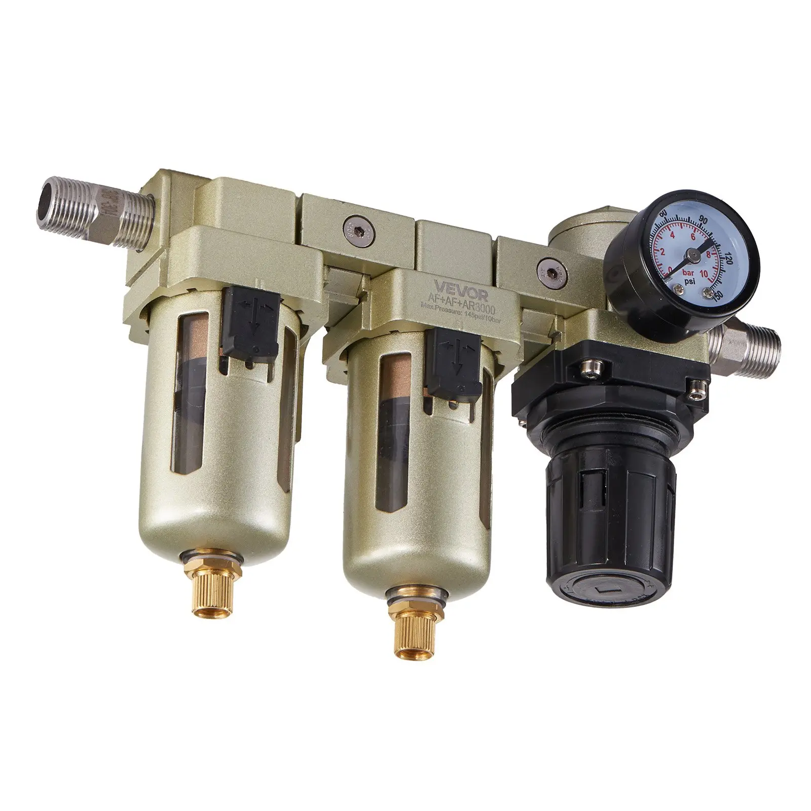 VEVOR Air Compressor Filter Regulator, 3/8" NPT Dual Stage Air-Drying System with 25m+ 5m Brass Filter Element, Semi-Auto Drain Air Compressor Water Separator 145PSI Max Working Pressure, Poly Bowl