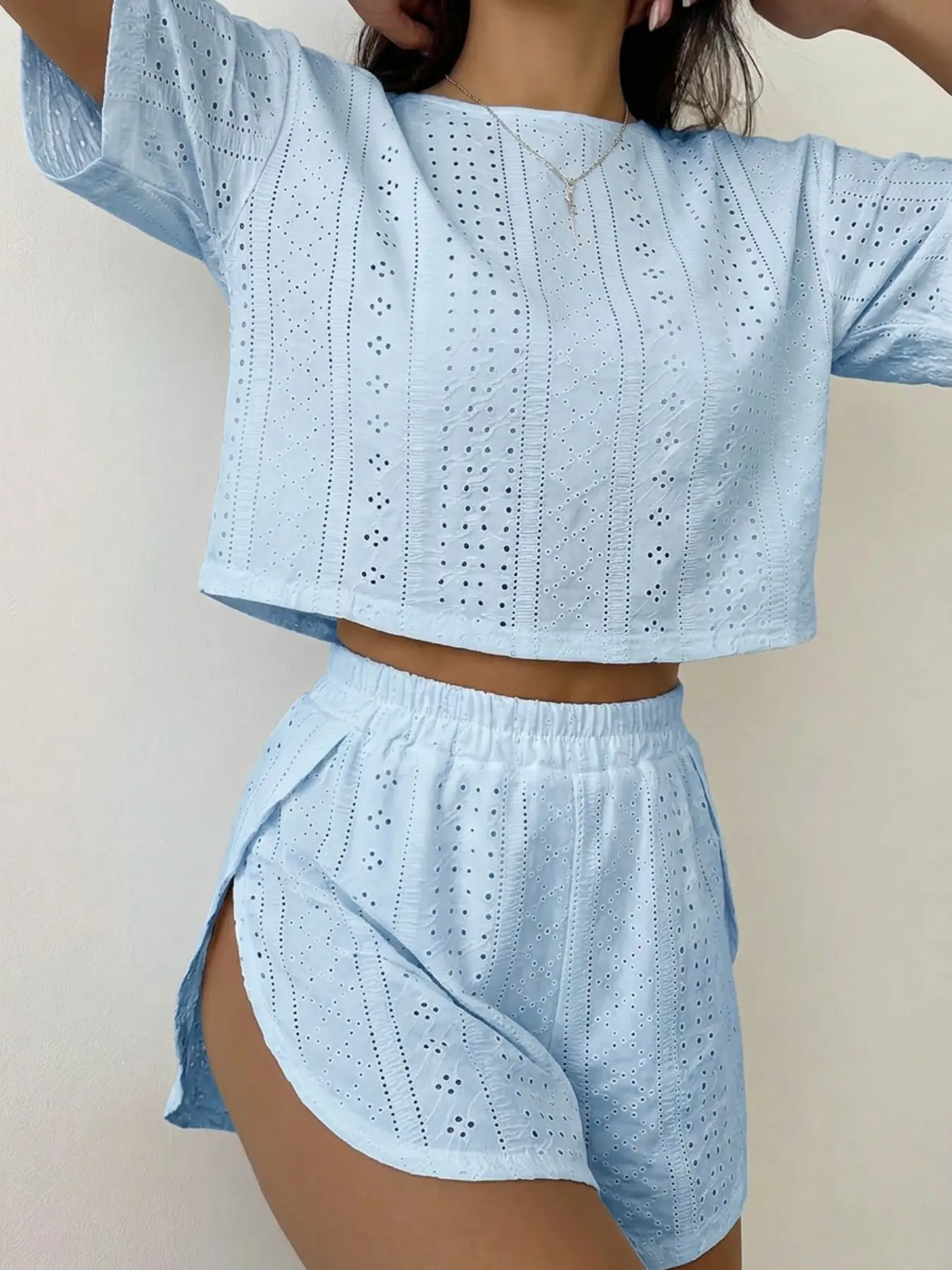 Women's Eyelet Embroidered 2 Piece Lounge Set, Cozy Loungewear, Short Sleeve Crew Neck Top & Split Elastic Waist Shorts Matching Set, Soft Breathable Summer Pajama Set, Casual Comfy Loungewear for Home, Vacation & Daily Wear