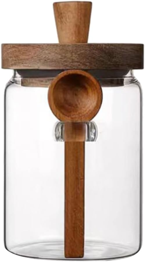 MIUVA Set of 4 Coffee Jars, Tea Canister Glass Food Storage Jar with Wood Lid and Spoon Airtight Sealed Clear Canister Kitchen Storage Jar Container for Coffee Bean Loose Tea Nuts Coffee Sets Stock Up Value Pack Spring Kitchen Gadgets