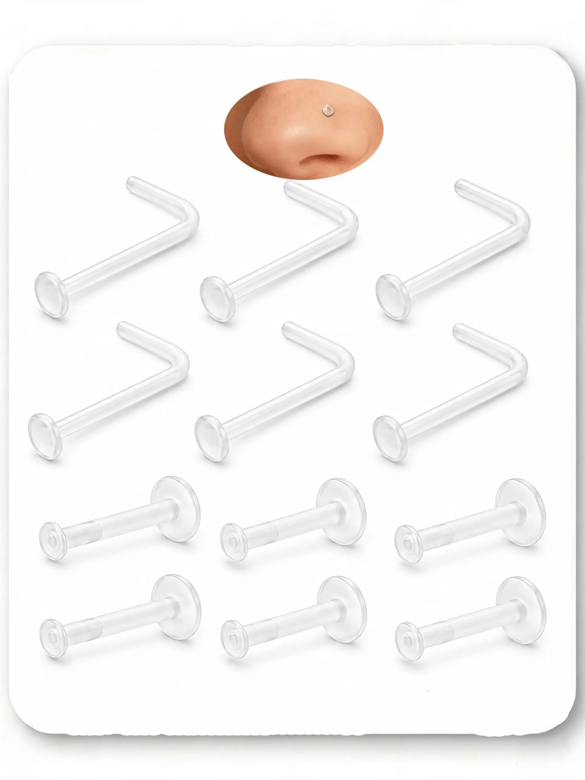 Clear Nose Studs Retainers Set for Work Women and Men | 12Pcs 18G Bioflex Plastic Flat back L Shape nose rings Retainer Top Size 2mm for Sports Surgery Lip Nose New Perforation
