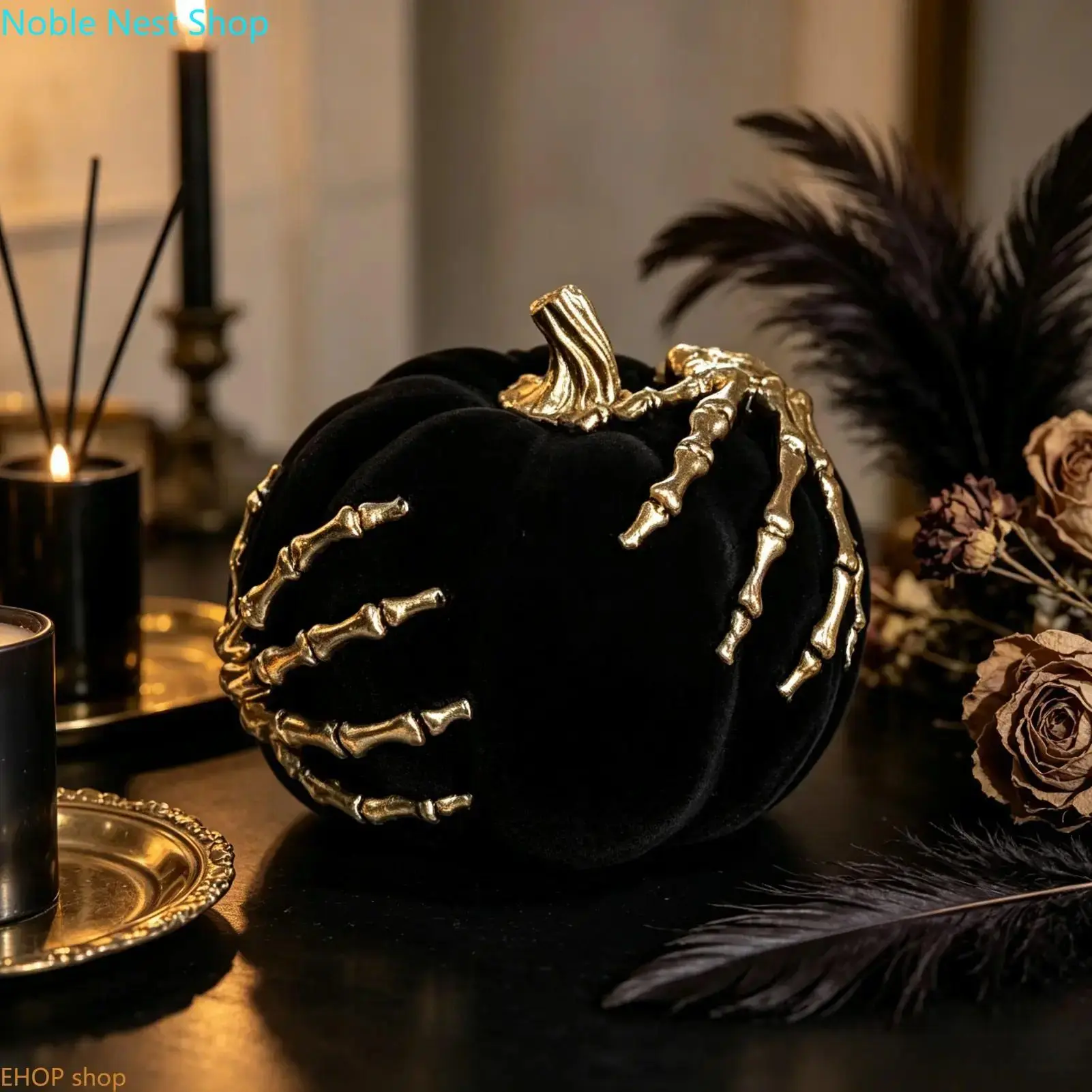 Black Flocked Velvet Pumpkin Decor with Gold Skeleton Hands, Gothic Halloween Tabletop Ornament Spooky Dark Aesthetic Fall Home Centerpiece