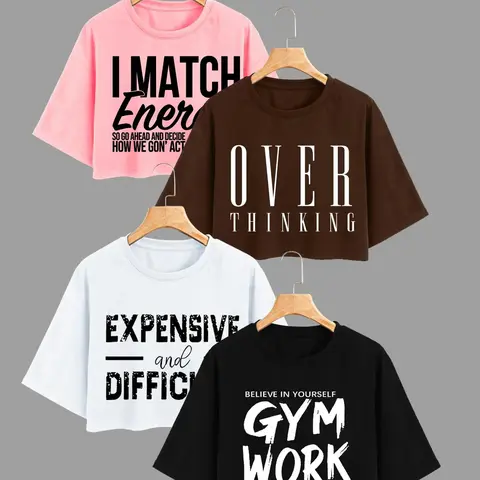 Women's Letter Print Round Neck Loose Crop Tee, Casual Drop Shoulder Short Sleeve T-shirt for Summer, Ladies Clothes for Daily Wear, Cute Tops #GLOBAL PICKS
