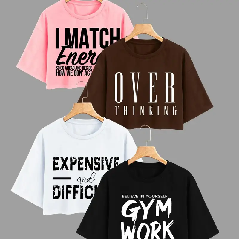 Women's Letter Print Round Neck Loose Crop Tee, Casual Drop Shoulder Short Sleeve T-shirt for Summer, Ladies Clothes for Daily Wear, Cute Tops #GLOBAL PICKS