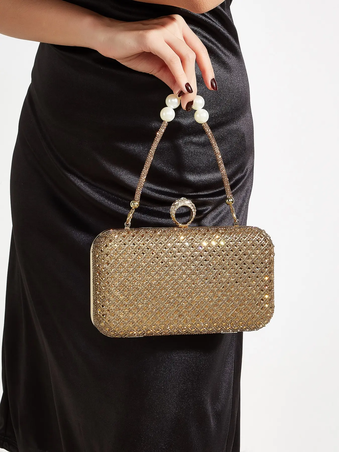 Luxury Glass Rhinestone Clutch Bag with Pearl Handle, Sparkly Crystal Evening Purse, Top Handle Handbag with Detachable Chain for Crossbody (Gold & Silver