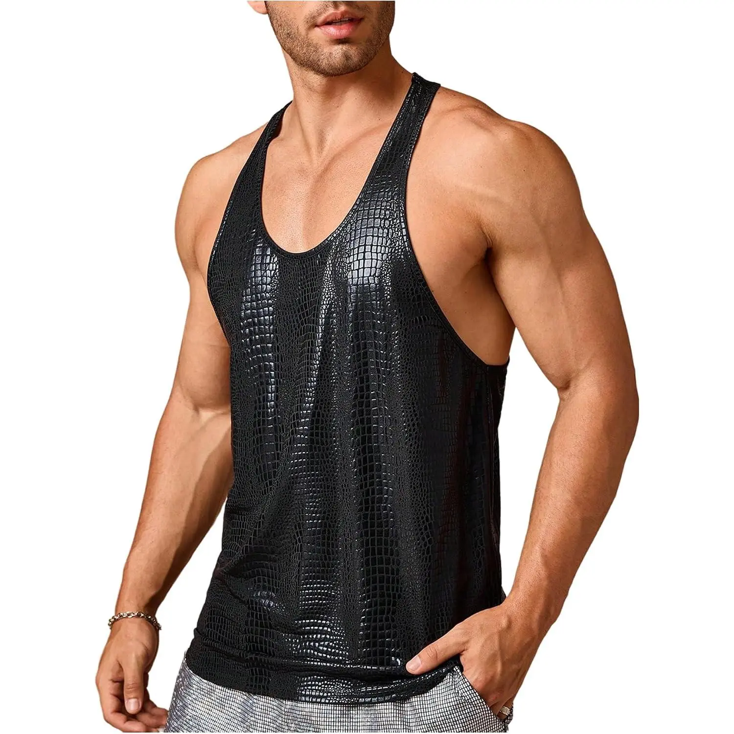 OYOANGLE Men's Racerback Leather Tank Top Party Sleeveless Muscle Tops Clubwear