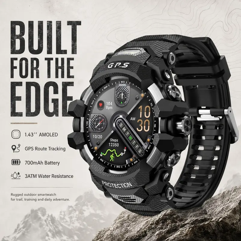 Outdoor GPS Smartwatch for Men, Rugged Fitness Sports Watch with Compass, Altitude & Barometer, 1.43" AMOLED Display, Heart Rate SpO2 Tracking, 700mAh Battery, LED Flashlight, SOS