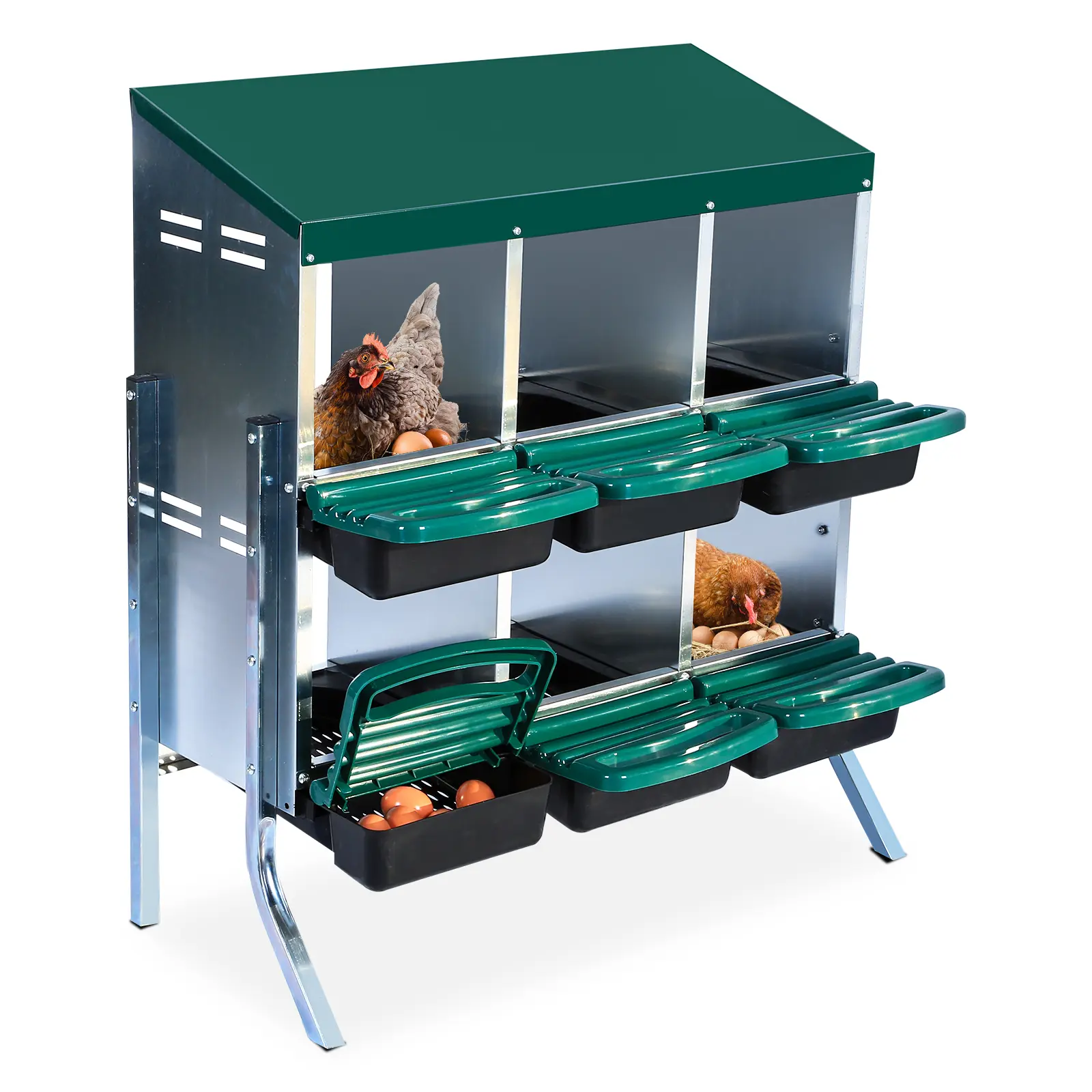 Chicken Nesting Boxes for Laying Hens, Galvanized Steel 6/8/10 Compartment Egg Laying Box with Removable Collection Trays, Ventilation Holes & Pitched Roof, Coop Nest Box for Backyard Farm Chickens, Wall Mount or Floor Use, Red & Green Options