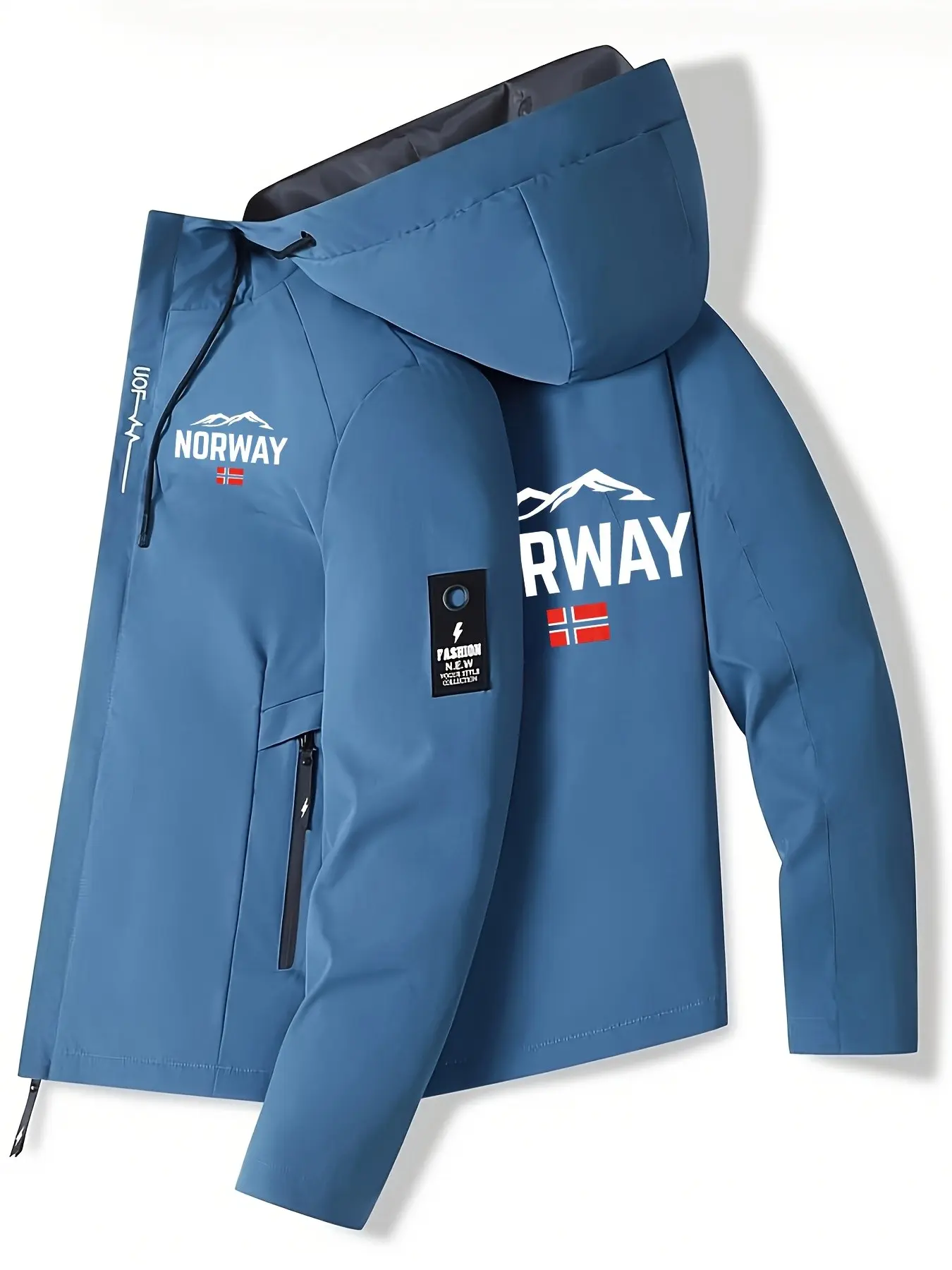 Unisex Zipper Hooded Jacket, All-Season Windproof Coat, Sports Outdoor Outerwear, Norway Letter Print, Durable Polyester, Multiple Pockets, Lightweight, Ideal for Hiking Skiing