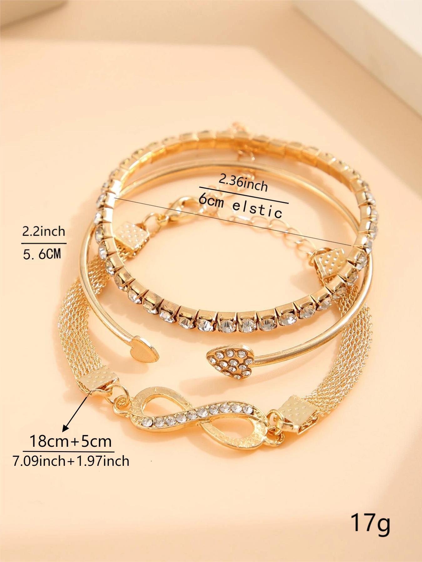 3pcs Women's Minimalist Elegant Heart Rhinestone Bangles Set, Pretty Bracelet, Bracelet Bundle, Fashion Accessories for Parties and Daily Wear, Versatile Elegant Jewelry Bracelet Set