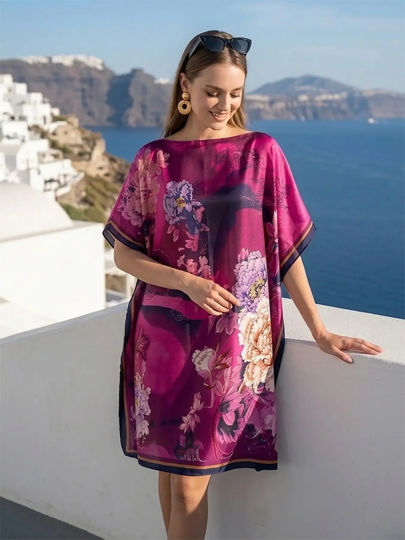 Silk Feel Floral Kaftan Dress | Elegant Summer Beach Cover Up & Resort Wear Outfit | Loose Fit Midi Caftan for Women Vacation Aesthetic