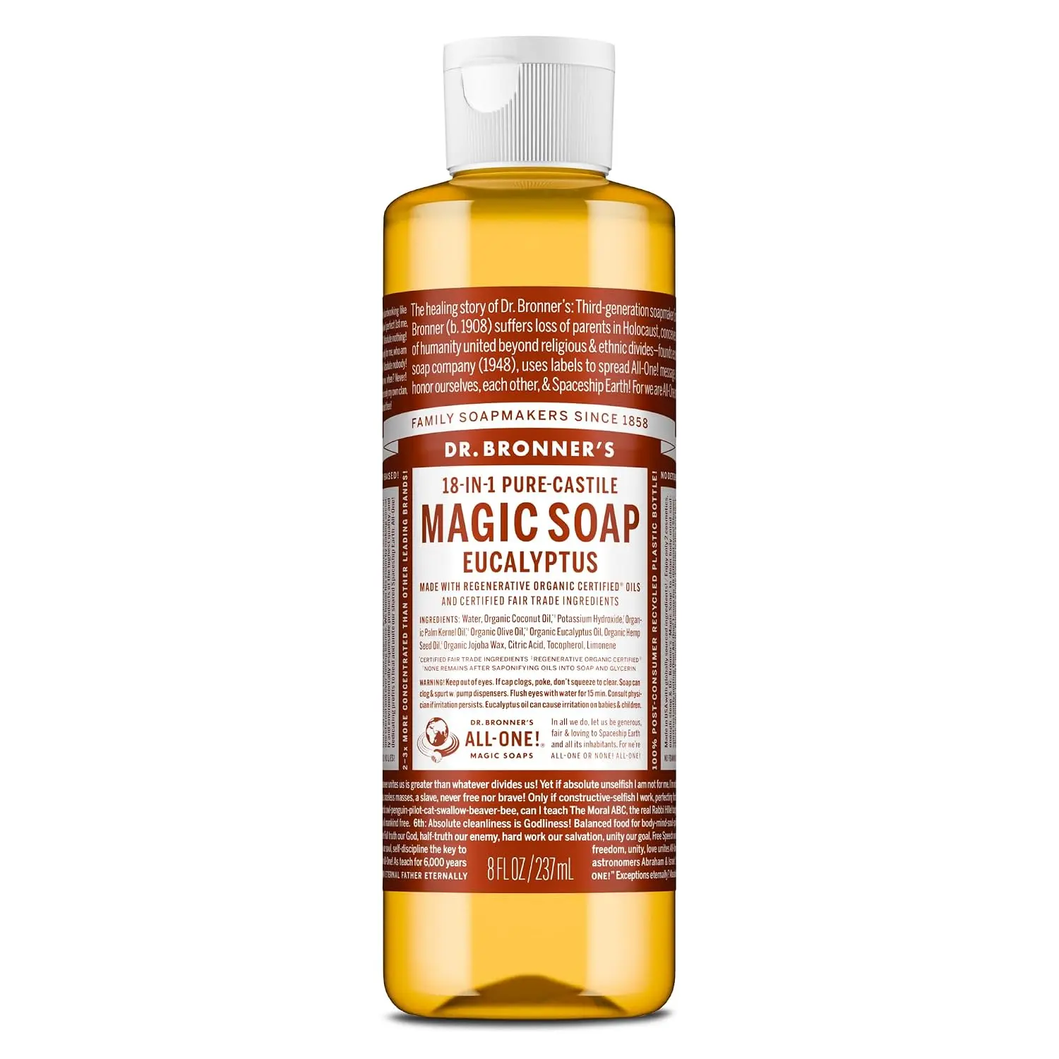 Dr. Bronner's Eucalyptus Pure-Castile Liquid Soap, Body Wash, 8 oz | 18-in-1 Uses: Body Wash & Hand Soap, Shampoo, Face, Laundry, Floors, Car, Pets & More, Fair Trade & Organic Oils, Travel Size