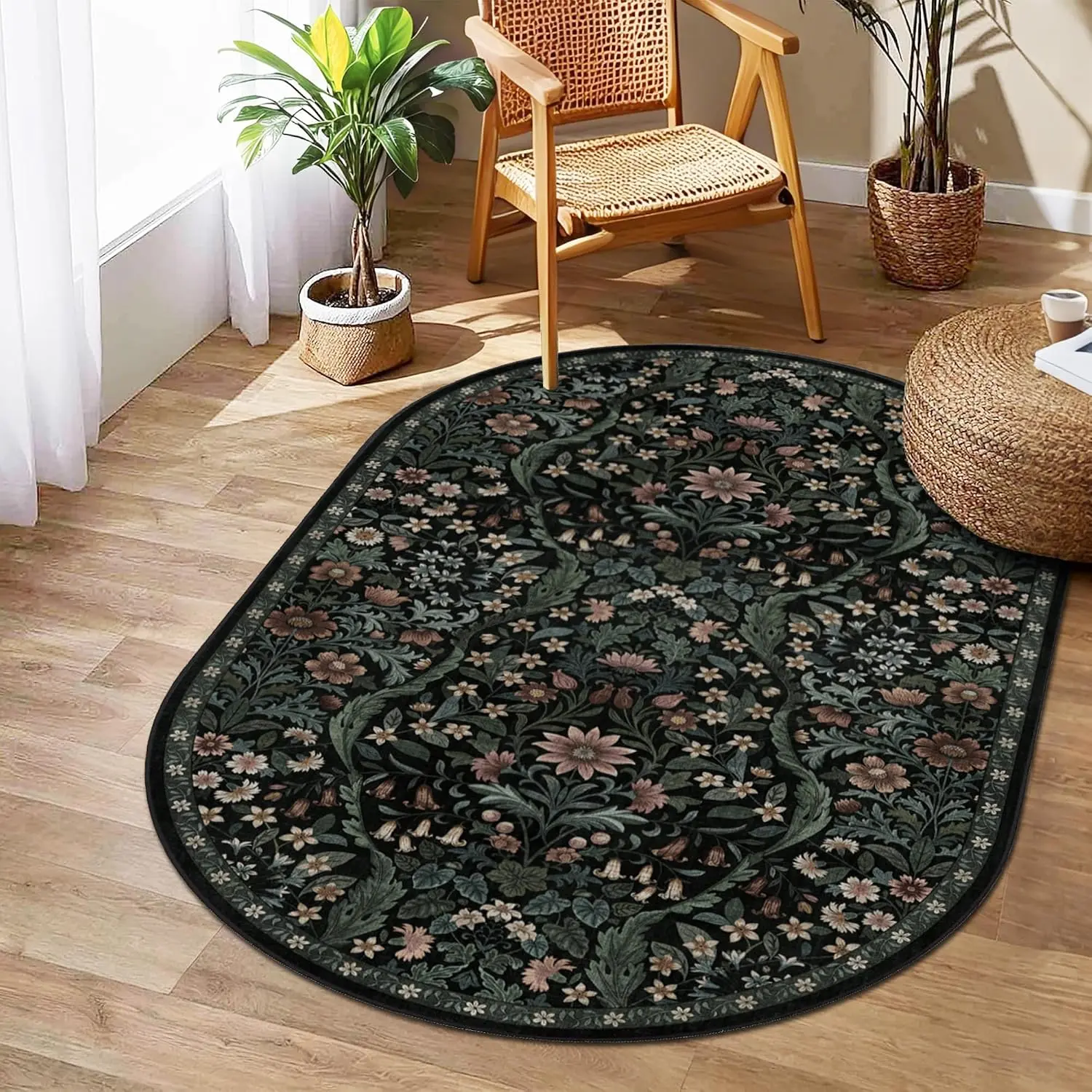 3x5 Oval Area Rug Washable Non-Slip Boho Indoor Entrance Carpet| Low-Pile, Non-Slip, Stain Resistant, Non-Shedding Indoor Carpet, Soft Black Washable Floral Rug, for Dorm, Office, Entrance