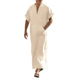 Men's V-Neck Linen Robe Short Sleeve Kaftan Thobe Long Gown Casual Shirt for Beach, Summer