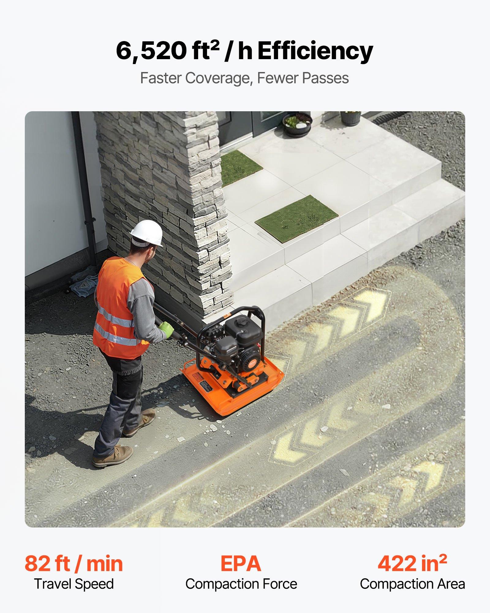 VEVOR Plate Compactor, 7 HP 196CC Gas Engine, 5400 VPM Vibrating Ground Rammer, 4440 lbs Compaction Force, 23 x 18 in Plate, Walk Behind Compactor for Paver Landscaping, Asphalt, Foundation, Soil