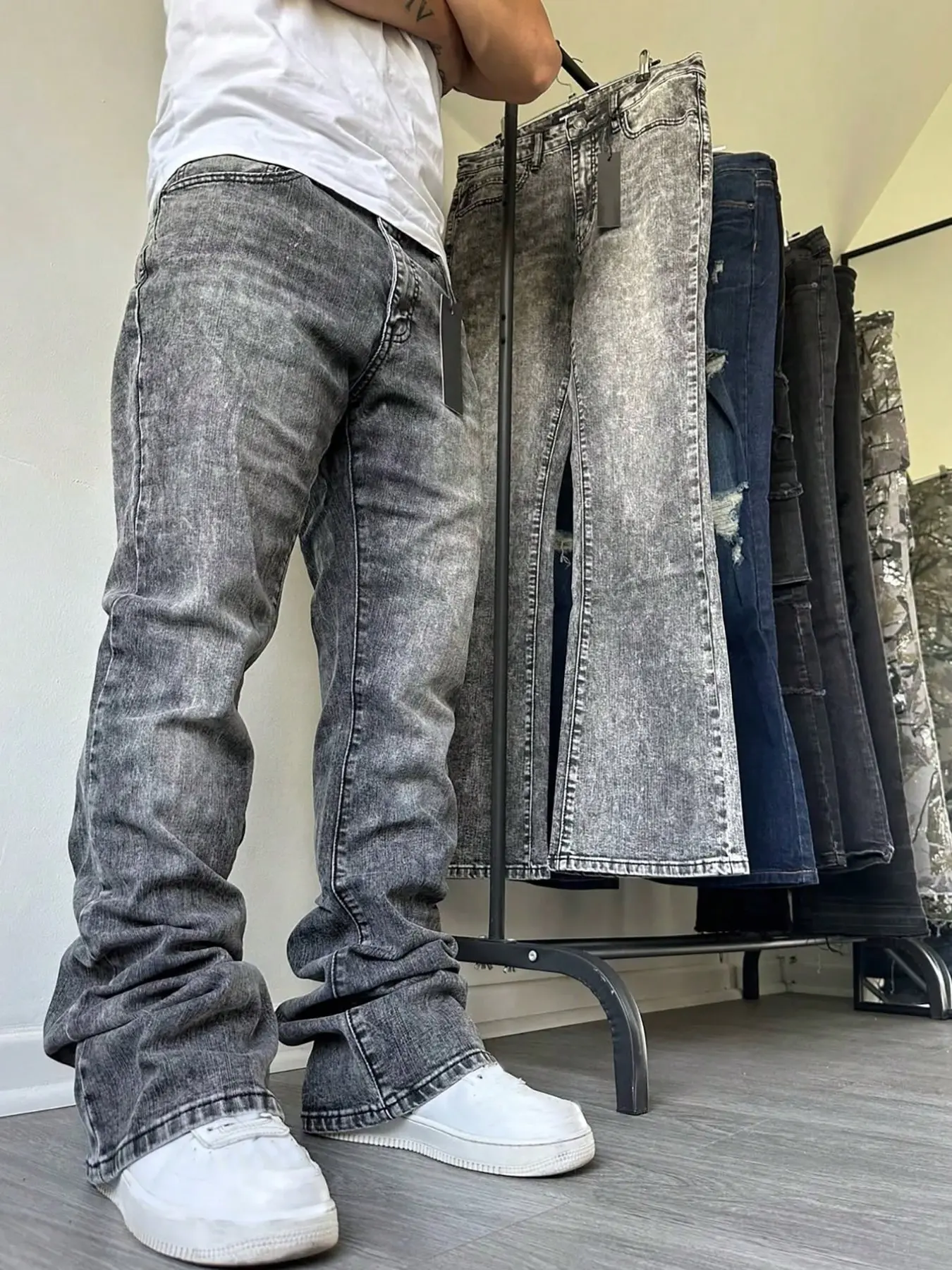 Vintage Light Blue Washed Jeans, Distressed Frayed Hem Flare Pants, Slim-Fit Street Style, All-Seasons Versatility, Men's Fashion
