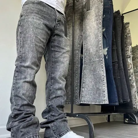 Vintage Light Blue Washed Jeans, Distressed Frayed Hem Flare Pants, Slim-Fit Street Style, Streetwear Jeans, All-Seasons Versatility, Men's Fashion