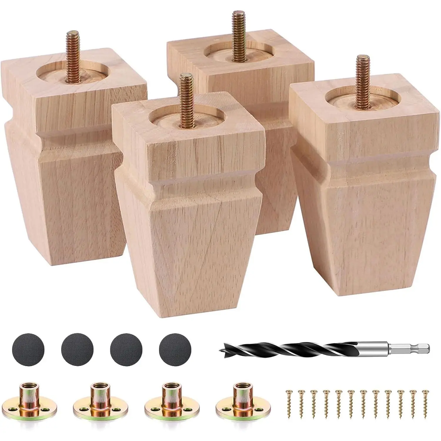 Unfinished oak sofa legs - heavy-duty mid-century style solid wood replacement furniture legs, set of 4, suitable for sofas, tables, benches, beds, dressers, chairs - comes with installation accessories (natural color, height 4inch * width 2.75inch