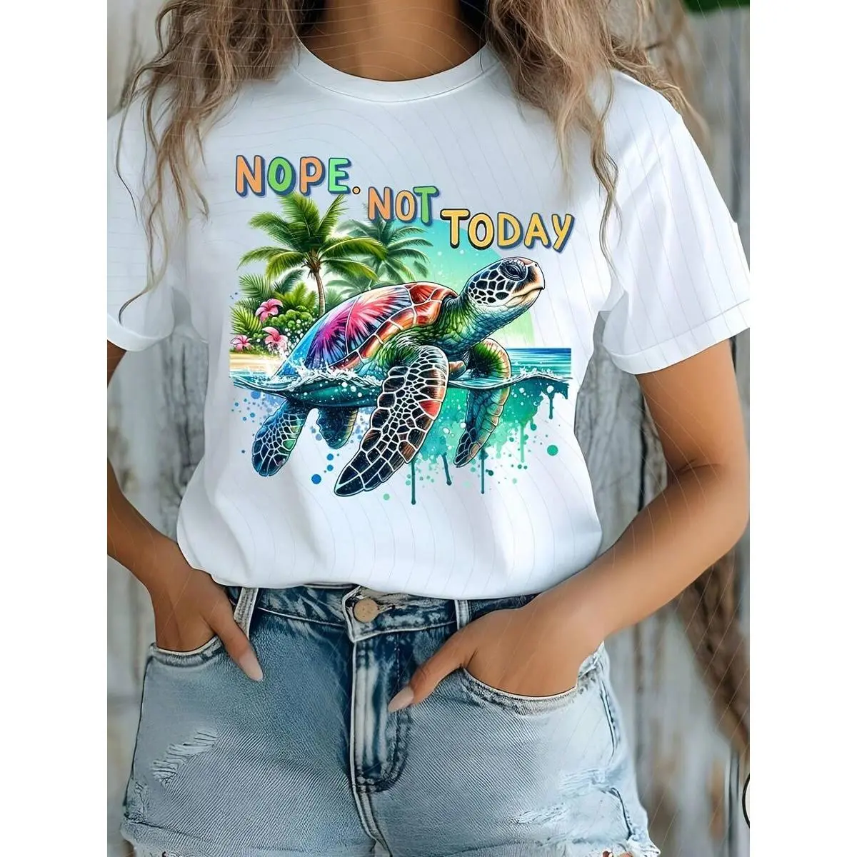 Beach T-Shirt Beach T-Shirt Women's Casual Short Sleeve T-Shirt- "Not Today" Turtle Tropical Watercolor Pattern Breathable Round Neck Top Spring Summer Autumn Ocean Theme Clothing Bright Color Pattern Comfortable Style