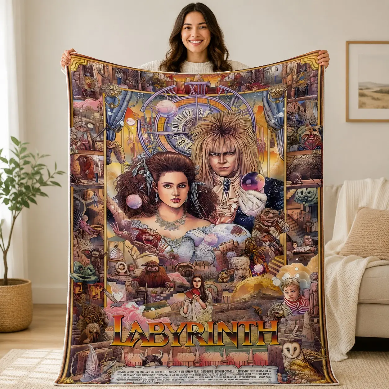Labyrinth Fantasy Movie Flannel Blanket, Soft Vintage Plush Throw, Magic Maze Crystal Ball Castle Goblin Adventure, Cozy Fantasy Fan Blanket for Sofa Bed Nap Travel Gift, Graphic Throw Blanket, Cozy Throw Blankets