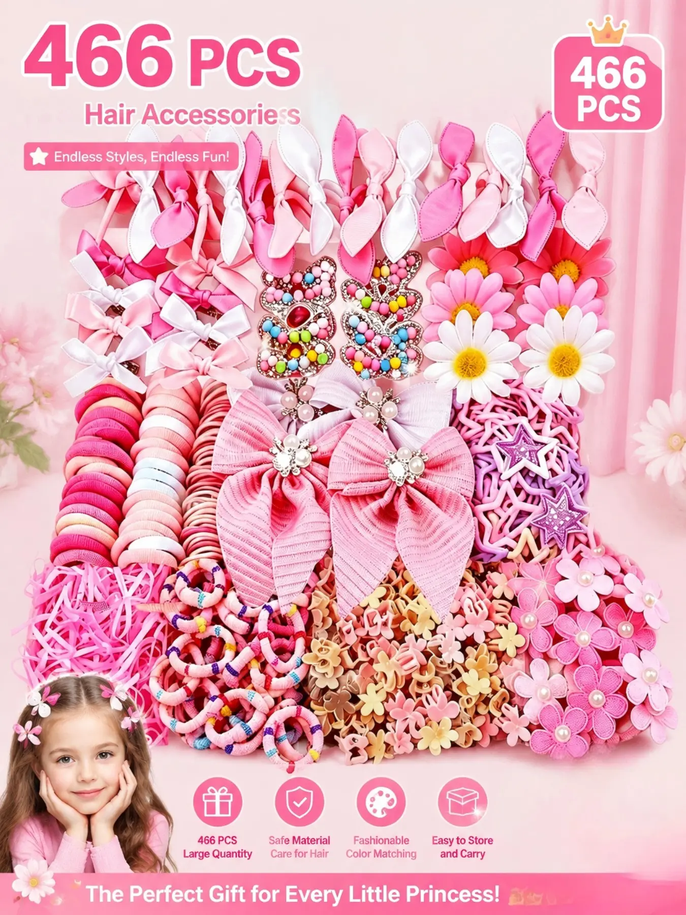 466pcs Little Princess Pink Hair Accessory Set, Cute Hair Accessories, Includes Rhinestone Bow Clips, Rabbit Ear Ties, Hair-Friendly Bands & Small Organizing Claw Clips, Perfect for Little Girls' School, Photoshoots, Parties & Creative Hairstyle Designs