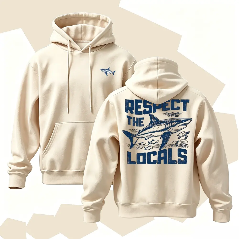 Shark Graphic Hoodie for Men, Ocean Wave Pullover Sweatshirt, Coastal Streetwear Hoodie, Vintage Marine Style Casual Sweatshirt