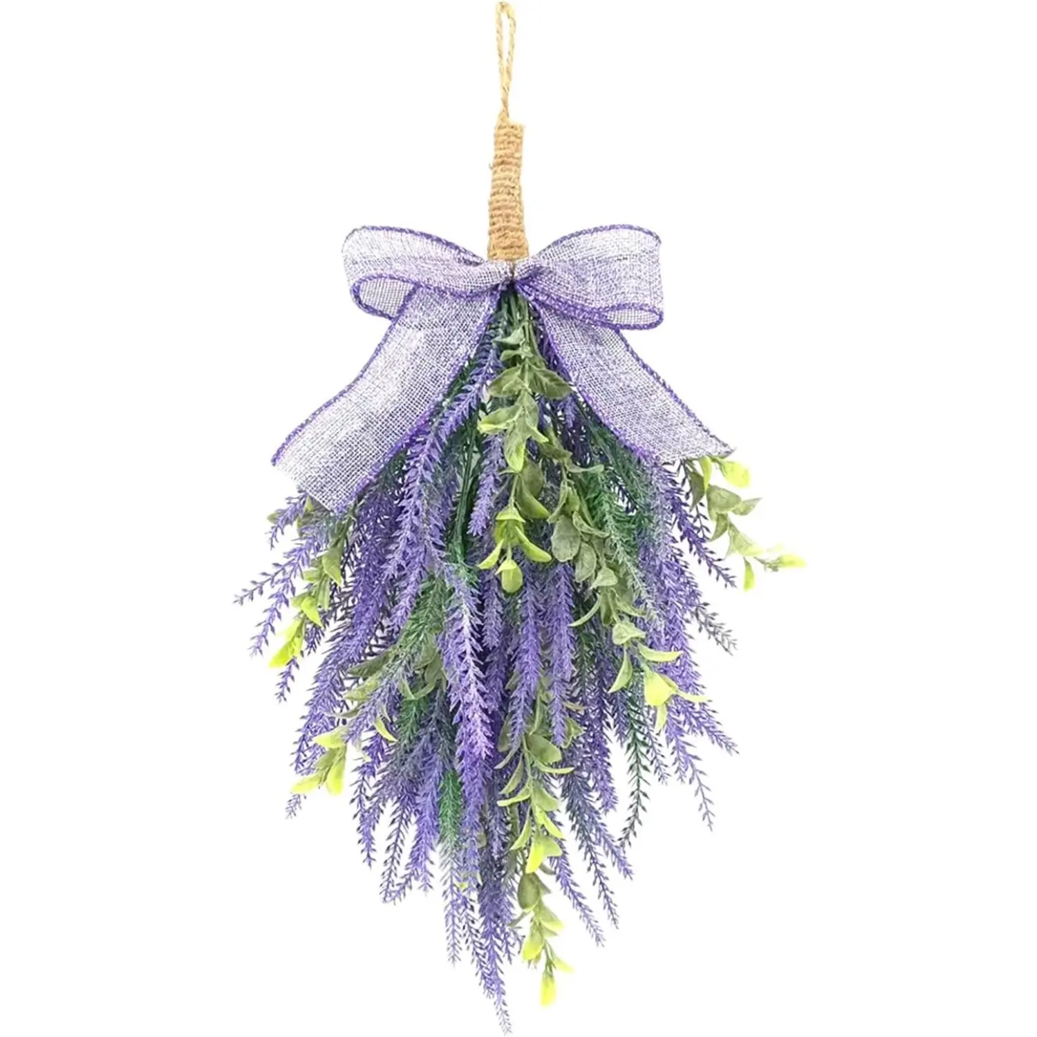 15.7inch Teardrop Artificial Lavender Swag with Eucalyptus Leaves Faux Floral Wreaths Decorated with Burlap Bow Faux Flowers Hanging Decoration for Front Door Porch Wall Window Decor