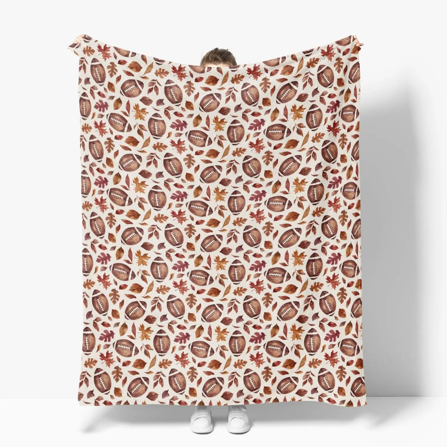 1PC Fall Flannel Blanket Throw, Brown Maple Leaves Footboll Beige Soft Fuzzy Plush Cozy Fleece Blankets for Couch Sofa Bed Lounging, Ideal Gifts for Adults Wife Self