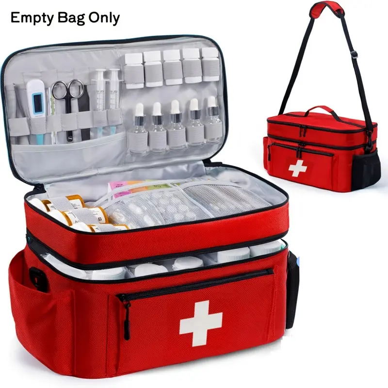 Large Capacity Double-Layer Oxford Cloth First Aid Kit Bag, Portable Handheld Medical Storage Bag with Shoulder Strap, Empty Bag Only for Camping Travel Outdoor Emergency, Emergency Gear