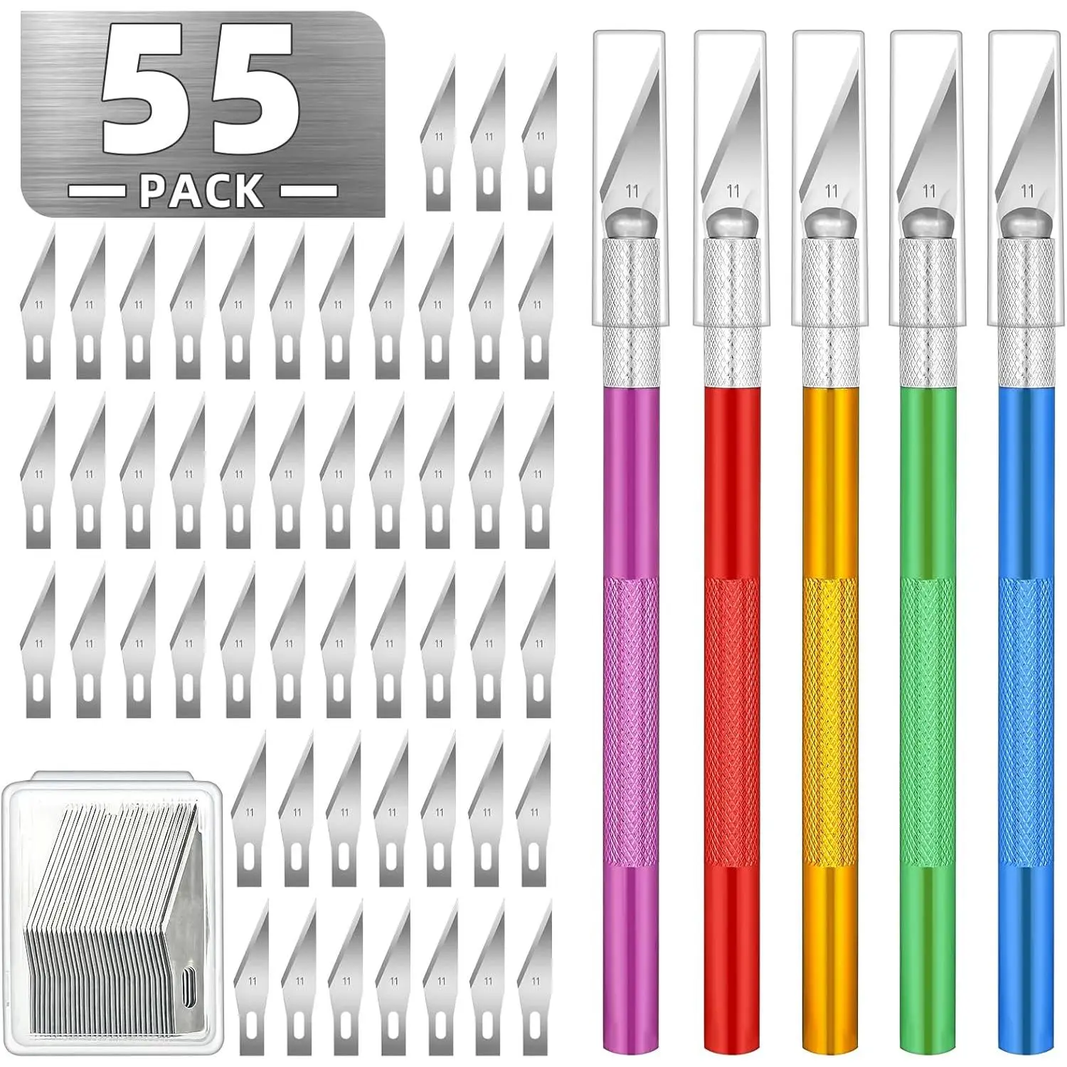 55 Pack  Knife, Hobby Knife Set with 5 Craft Knives and 50 Precision Knife Blades( # 11) for Art,Scrapbooking,Carving, DIY, Cutting, Stenciling by