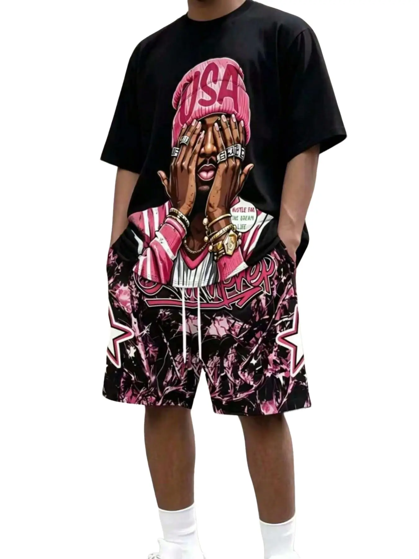 Men's Casual Round Neck Short Sleeve Tee and Shorts Set, Slim-Fitting Knee-Length, All-Season Comfortable Clothing