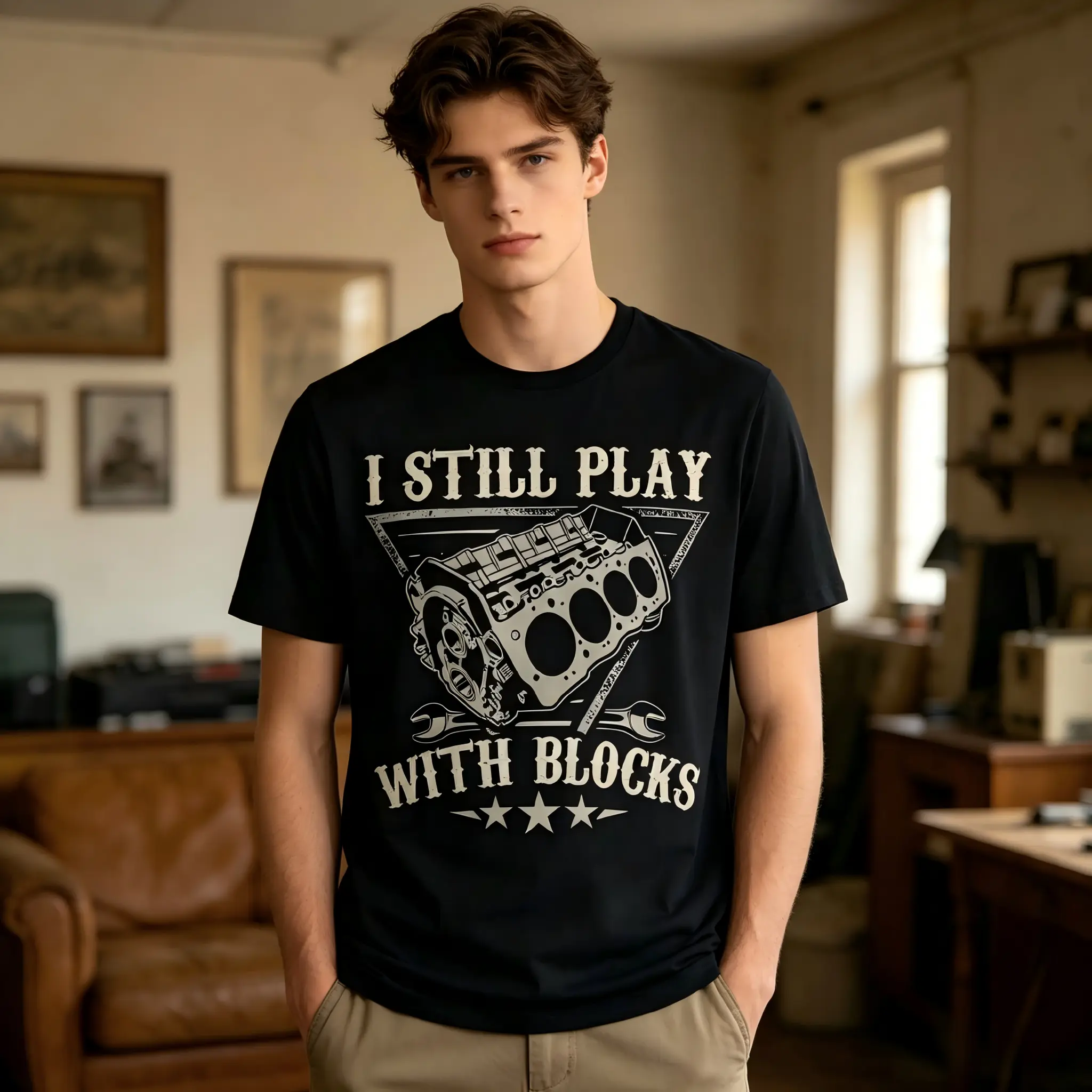 Men'S Black T-Shirt with Eye-Catching I'Still Playing with Blocks Print - Parka Style Street Casual Short Sleeve Shirt for Spring And Autumn Outdoor And Home Wear, Available in Community Stores, Quick Delivery, Smooth And Comfortable, Plus Size, Office, C